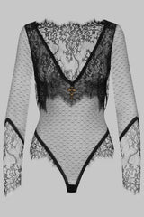 Tornova Erotic Bodysuit Sexy See-through Lace Jumpsuit Black V-neck Long-sleeved Sexy Cute Lingerie Set Tempting Pure Lust Style