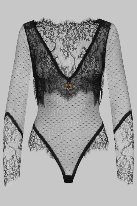 Tornova Erotic Bodysuit Sexy See-through Lace Jumpsuit Black V-neck Long-sleeved Sexy Cute Lingerie Set Tempting Pure Lust Style