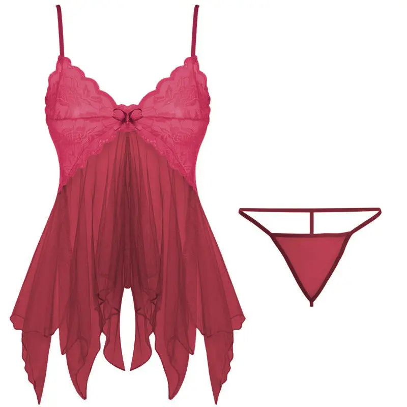 Tulle Suspenders Exquisite Women's Lencerias Lace V-Neck Underwear Semi-transparent Thong Dress Set Females Lingerie Nightgowns