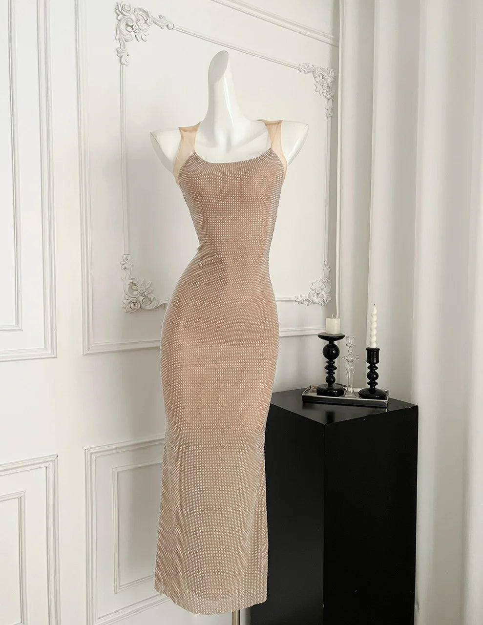 Sexy Square Collar Mesh Patchwork Diamonds Long Dress Women Backless Shiny Rhinestone Slim Dresses Evening Party Cocktail Gowns