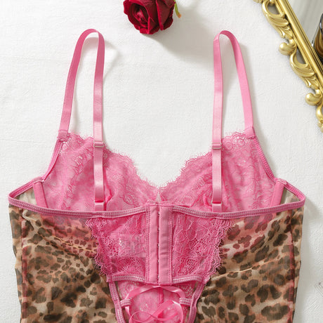 Wild Lingeries Femme Ultra Hot Sexy Lace Mesh Patchwork Leopard Print Bodysuit Coquette Girls' Open Crotch One Piece Teddy