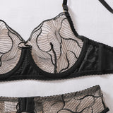 Ellolace Seductive Women's Lingerie Sets Hot Nude Floral Mesh Bra Belt Thong 3PC Stockings Cougar Exortic Chic Girls' Underwear