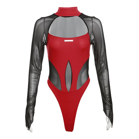 Mesh Long Sleeve Hollow Out Bodysuit Streetwear All Season Fashion Women's Solid Color Slim Fit Tops Y2k Gothic Sexy Rave Outfit