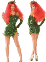 Women Green Ivy Halloween Cosplay Costume Party Deluxe Sleeveless Fake Leaves Strapless Sequin Mini Dress with Gloves Set