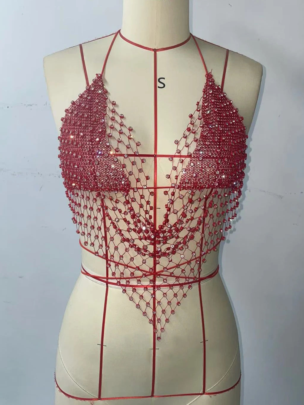 Dazzling Rhinestone Mesh Camisole Sexy Backless Halter Neck Bandage V Neck Hollow Fishnet Tank Top Women Party Club Crop Tops