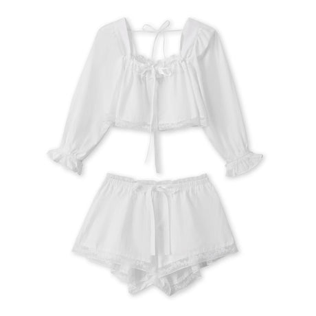 2Pcs Pajamas Sets for Women Puff Long Sleeve Square Neck Lace Patchwork Tops with Elastic Waist Shorts Loungewear