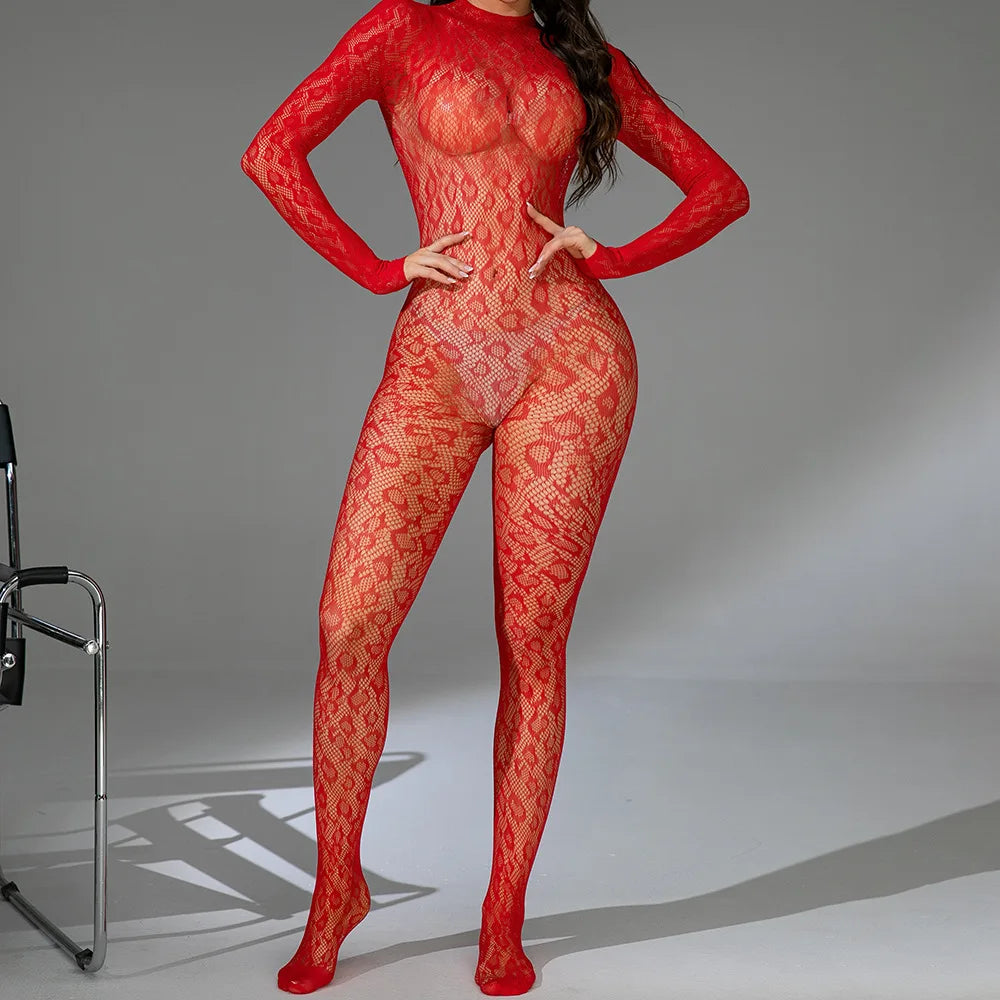 Sexy Lace See-Through Bodysuit Long Sleeve Fishnet Jumpsuits Elastic Night Club Jump Suits for Women Sexy Pole Dancing Overalls
