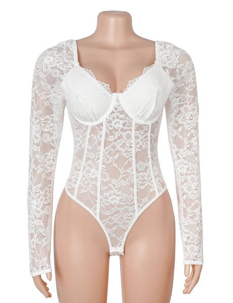 Women Sexy Lace Long Sleeve Bodysuit Underwire Square V Neck Open Crotch Clubwear Top Plus Size Snap Closure Teddy Lingerie