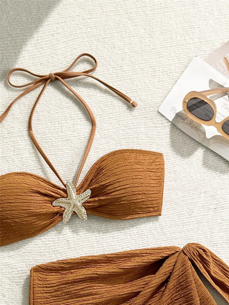 Metal Starfish Brown Bandeau Bikinis Sets 3 Pieces Sexy Swimsuit Cover Up Women 2026 Holiday Swimwear High Cut Bather Beach Wear