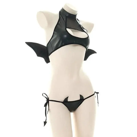 Sexy Patent Leather Little Devil Wings Lingerie SM Open Chest Bra Costume Anime Irina Shidou Black Bodysuit Stocking Tight