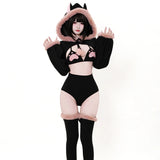 SENMHS Original Japanese Sweet Lolita Cat Girl Cosplay Set Women Kawaii Cat Paw Bikini with Hooded Bodysuit Photo Shoot Hallowee