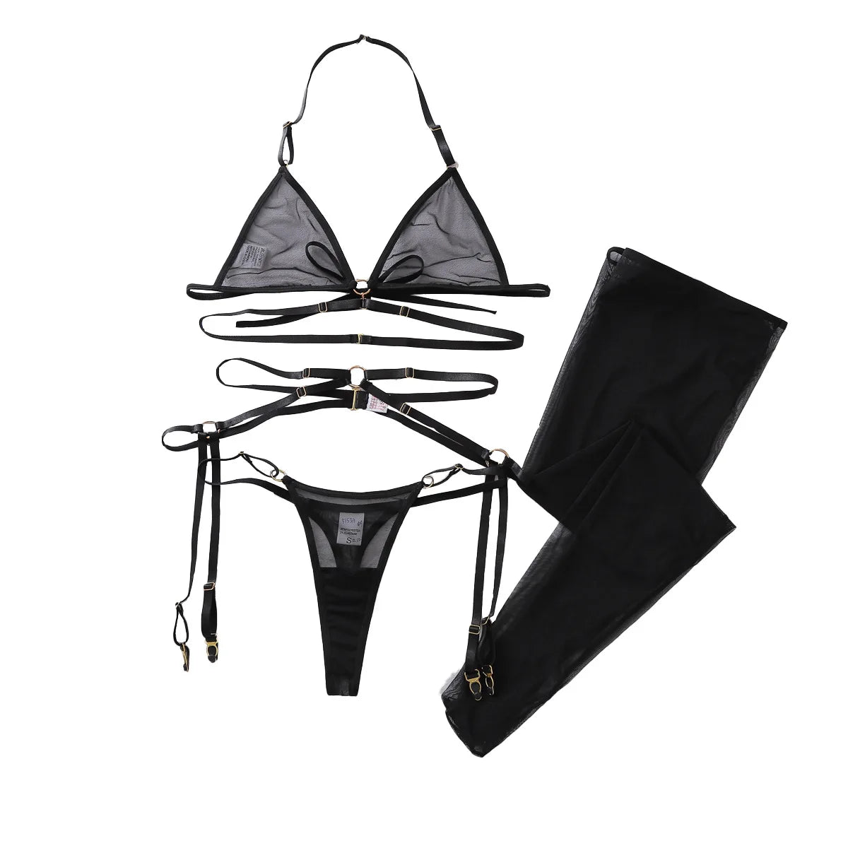 Seductive Women's Lingerie Set Tempted Multi Straps Bandage Bra Garter Belt Panty with Stockings See Through Mesh Underwear