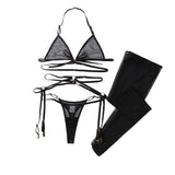 Seductive Women's Lingerie Set Tempted Multi Straps Bandage Bra Garter Belt Panty with Stockings See Through Mesh Underwear