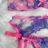 Pink Fancy Lingerie Floral Luxury Lace See Through Underwear Sensual Garter Belt Set Contrast Color Fairy Outfit