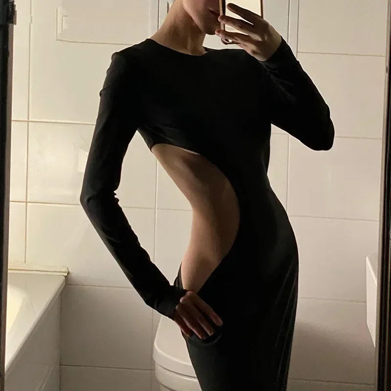 2025 Women's Solid Color Long Sleeve O-Neck Sexy Hollow Out Long Dresses Club Party Dress Sexy Vestidos Plus Size XXXS-3XL XXL