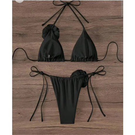Sexy Flower Bandeau Swimwear Thong Bikini Women Lace-up Swimsuits Swimming Bathing Suit Brazilian Bikinis Set Mujer Biquini