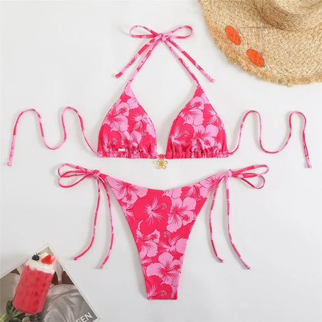 Blue Floral Print Swimwear Halter String Triangle Bikini Micro Mini Thong Sexy Swimsuit Women 2026 Bather Biquinis Bikinis Sets