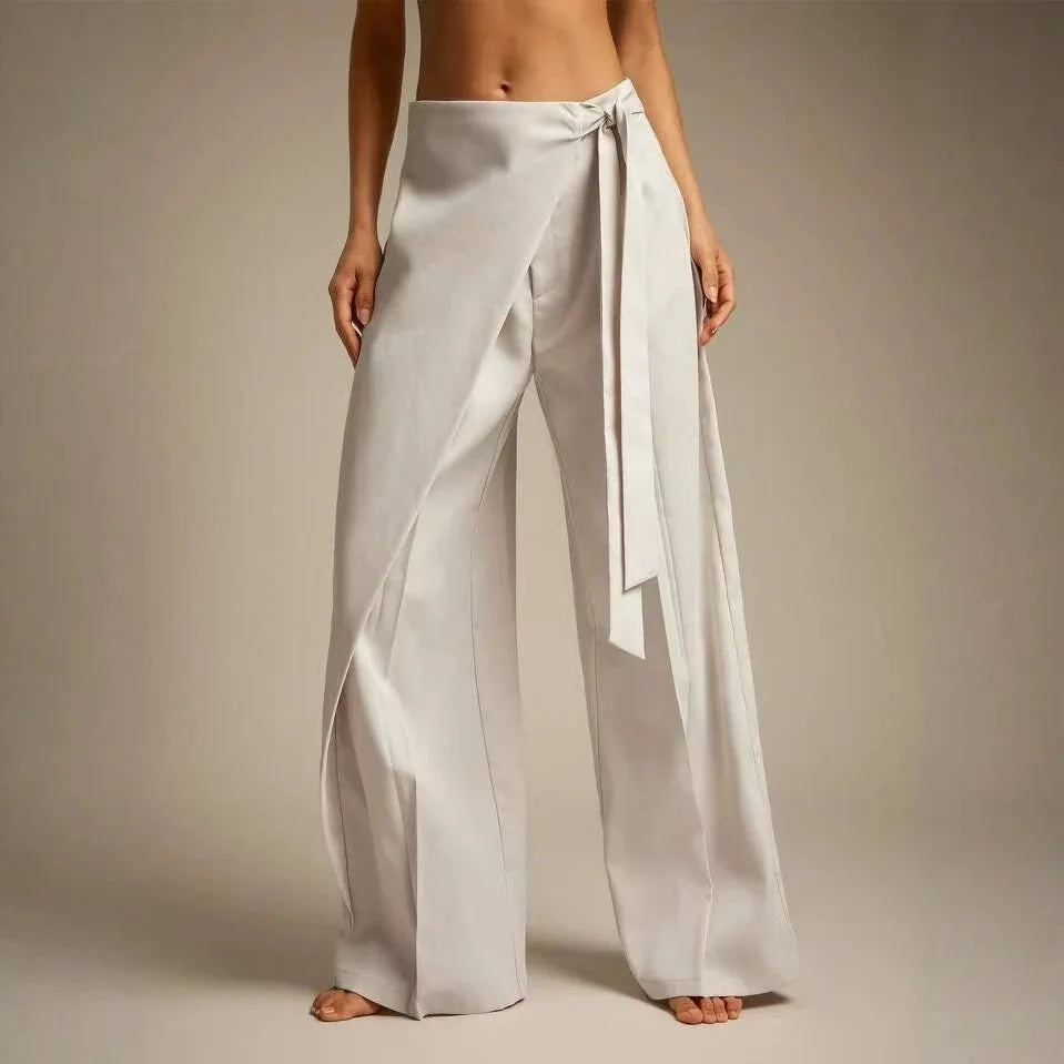 Women High Waist Wide Leg Pants Loose Wrap Tie Knot Asymmetric Pleated Trousers Beach Casual Bottoms