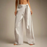 Women High Waist Wide Leg Pants Loose Wrap Tie Knot Asymmetric Pleated Trousers Beach Casual Bottoms