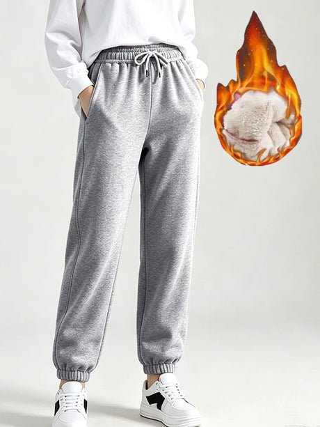 Autumn Winter Warm Solid Color Fleece Women Long Pants Casual Loose Elastic Waist Sports Pants Office Ladies Trousers Women