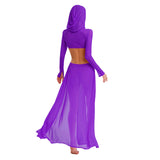 Women Wet Look Mesh Maxi Dress with Hooded Cosplay Sexy High Slit Lingerie Face Mask Long Sleeves Hollow Out Sheer Nightdress