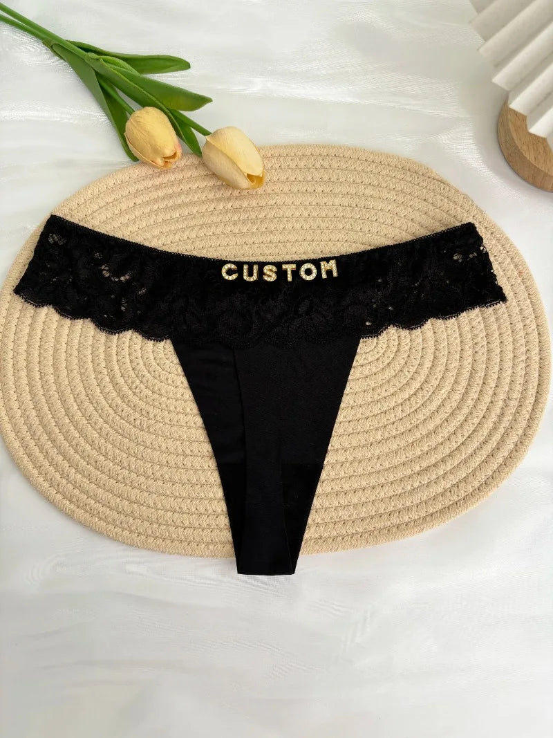 Personalized Custom Thong Name Crystal Letter G-String Low Waisted Lace Thong Ice Silk Bikini Panties Hot Wife Girlfriend Gift