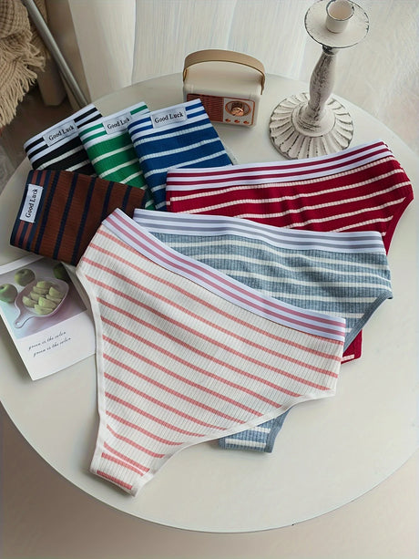 Random 7-piece mixed color high-waisted pure cotton inner-padded women's briefs, classic striped simple women's underwear