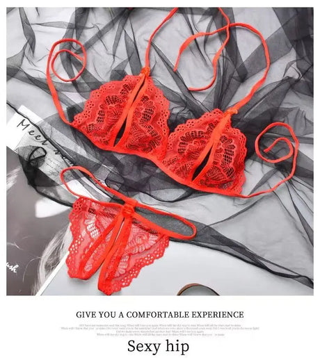 New Style Erotic Three-point Lingerie Set Women's Lace Hollowed Out Non Adjustable Underwear Sexy Crotchless Low Waist G-string