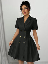 2026 Luxury Dresses Solid Color Notched Lapel Double Breasted Short Sleeve Slim Summer Midi Dress for Woman Clothes