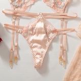 Ellolace Elegant Women's Lingerie Sets Premium Bra Belt Thong 3PC Stockings Cute Lace Floral Embroidered Champagne Romance Kit