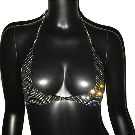 FestivalQueen Sequined Tops for Women Crystal Diamonds Boob Bra Party Club Metal Strap Rhinestone Bras Silver and Gold
