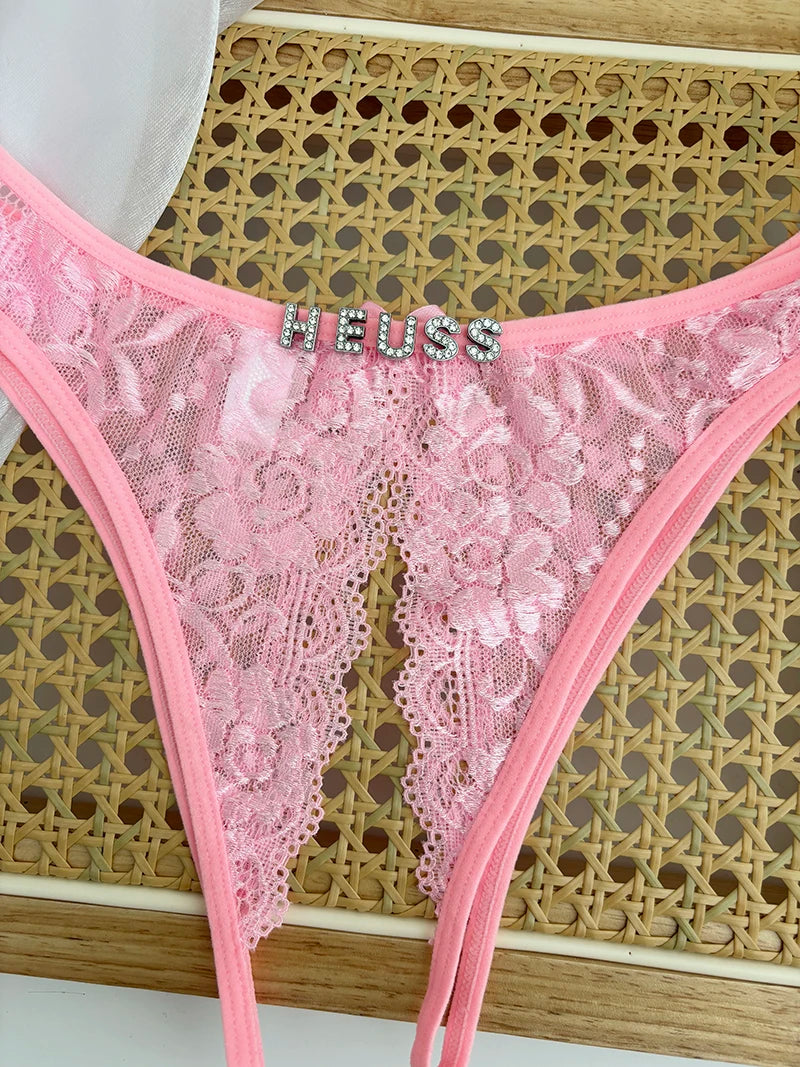 Custom Name Crystal Letter Briefs Sexy Lace Crotchless Knickers Hollow Waist Panties Open Gear Underpants Girlfriend Wife Gift