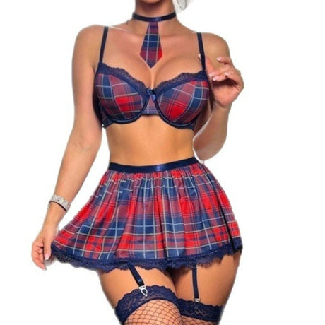 Red Blue Plaid Lace Choker Collar Garters Sexy Summer Clothes Apparel Women Ladies Lingerie Erotic Uniform Outfit Set