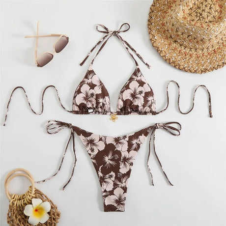 Blue Floral Print Swimwear Halter String Triangle Bikini Micro Mini Thong Sexy Swimsuit Women 2026 Bather Biquinis Bikinis Sets