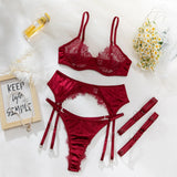 French Eyelash Lace Women's Lingerie Sets See Through Mesh Satin Splicing Matching Set Hot Bra and Panty Garter Sexy Underwear