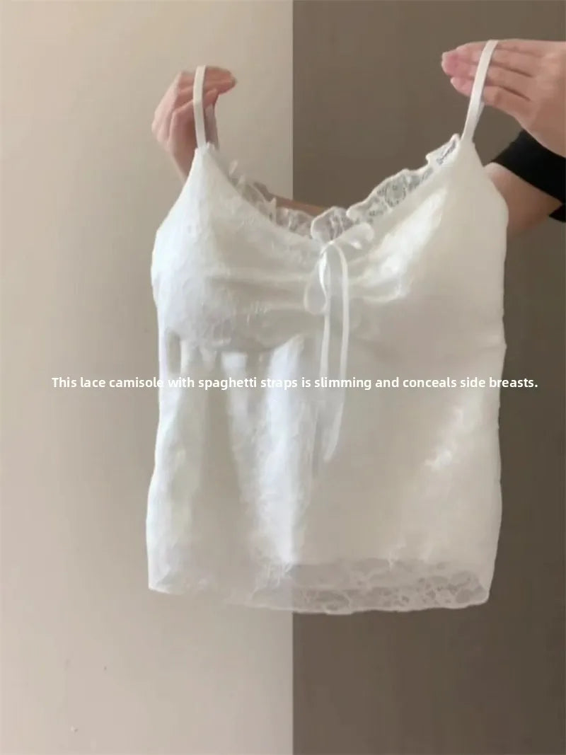 Elegant Lace White Camisole Women's Vest with Chest Pad Unique Design Inner Wear Base Top  Knot Backless Style