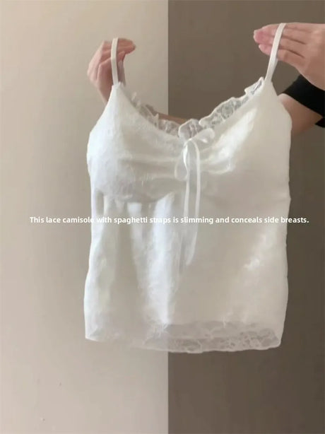 Elegant Lace White Camisole Women's Vest with Chest Pad Unique Design Inner Wear Base Top  Knot Backless Style