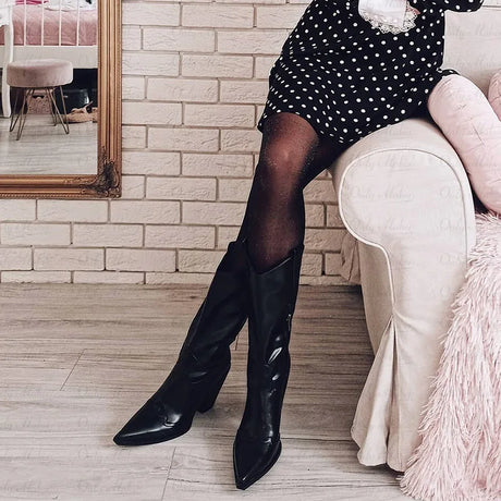Onlymaker Women Pointed Toe Mid-Calf Boot Matte Black Sewing Embroidered Thick Heels Zipper Winter  Big Size Cowboy Boots