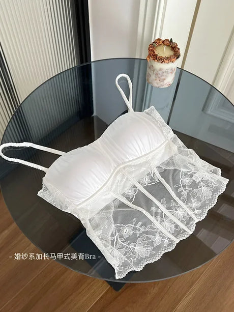 Women Elegant French Longline Lingerie, Lace Satin Wireless Bra, Push Up Sexy Open Back, Luxury Bridal Underwear Fit Small Bust