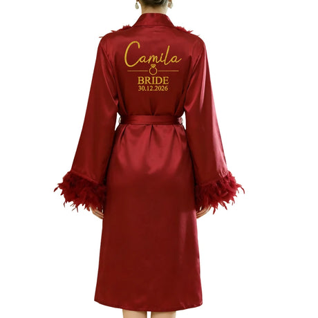 Personalized Name Date Wedding Feather Bride Robe Bridesmaid Bathrobe Nightwear Long Elegant Woman Gown Sexy Nightgown for Party