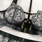 Sexy Lace Lingerie Set With Garter Belt Eyelash Underwire Bra Nude Illusion Strappy Sensual Costume Exotic Underwear Party Club