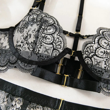 Sexy Lace Lingerie Set With Garter Belt Eyelash Underwire Bra Nude Illusion Strappy Sensual Costume Exotic Underwear Party Club