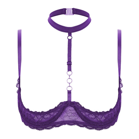 Womens 1/4 Cups Underwire Bra Halter Neck O Ring See Tthrough Lace Push Up Brassiere Sexy Lingerie Breast Open Bras Underwear