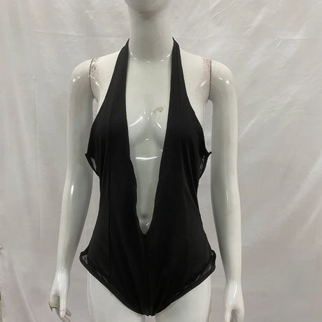 New style one-piece lace patchwork sexy see-through deep V-neck halter-neck women's Ladies Sexy Bodysuits