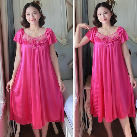 Ladies Ice Silk Nightgowns Sleeping Dress Medium Length Short Sleeve Nightdress Sexy Sleepwear Home Wear Loungewear Pyjama Femme