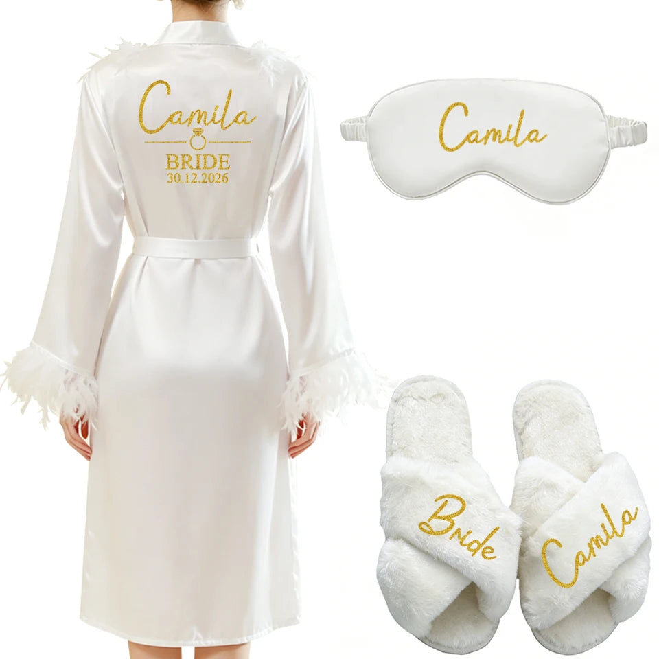 Personalized Name Date Wedding Feather Bride Robe Bridesmaid Bathrobe Nightwear Long Elegant Woman Gown Sexy Nightgown for Party