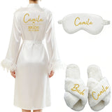 Personalized Name Date Wedding Feather Bride Robe Bridesmaid Bathrobe Nightwear Long Elegant Woman Gown Sexy Nightgown for Party