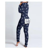 Sexy Pyjama Women's Long Sleeves Homewear Suit Button-Down Front Back Butt Bum Open Ass Flap Jumpsuit Loungewear Christmas Print