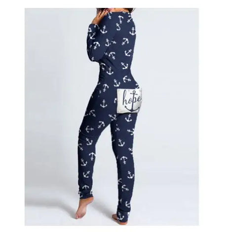 Sexy Pyjama Women's Long Sleeves Homewear Suit Button-Down Front Back Butt Bum Open Ass Flap Jumpsuit Loungewear Christmas Print