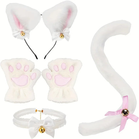 5Pcs Sets Cat Paw Gloves Winter Cute Cartoon Girl Open Finger Gloves Bell Headband Fox Cat Ear Headwear